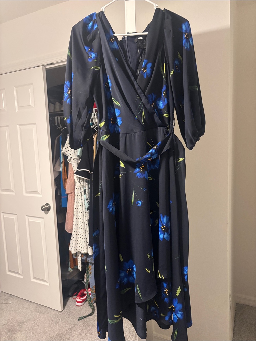 Dkny Black Midi Wrap Dress with Blue Floral Print